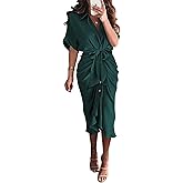 BTFBM Shirt Dresses for Women Spring Button Short Sleeve Silk Satin Ruched Maxi Summer Dress 2026 Cocktail Party Wedding