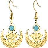KKJOY Lotus Flower and Moon Earrings with Blue Stone Decoration Stainless Steel Lotus in Moon Dangle Earrings Yoga Inspirational Jewelry for Women Charming Ladies