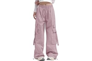 Haloumoning Girls Parachute Pants Kids Wide Leg Cargo Pants Y2K Street Trousers with Pockets 5-14 Years