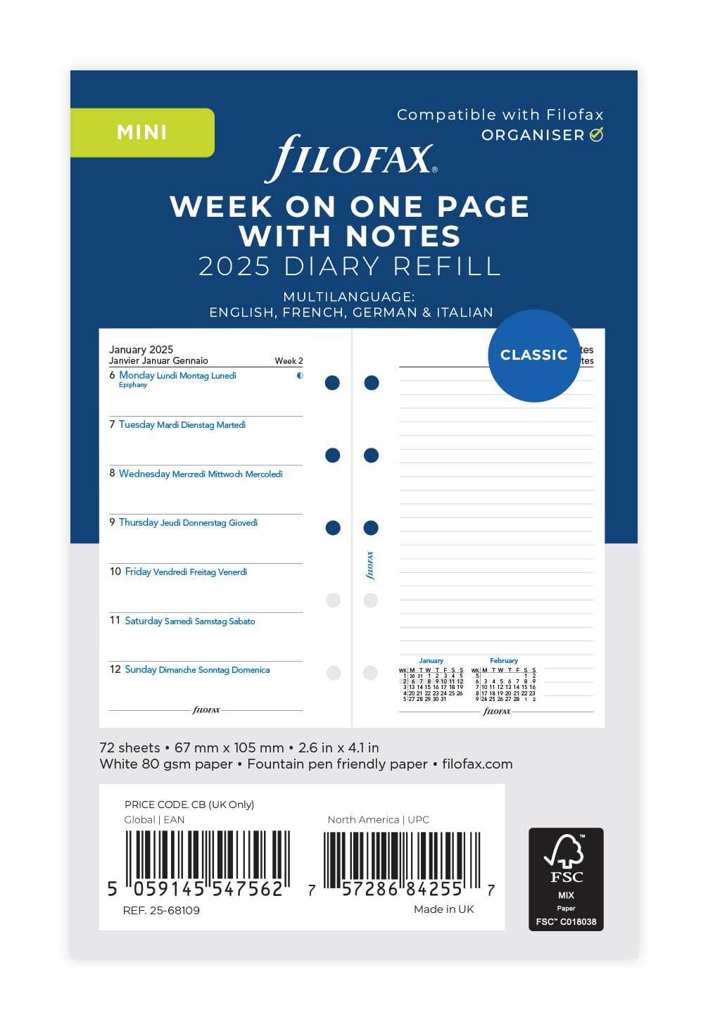 Mini Week per page with notes 4 language 2025