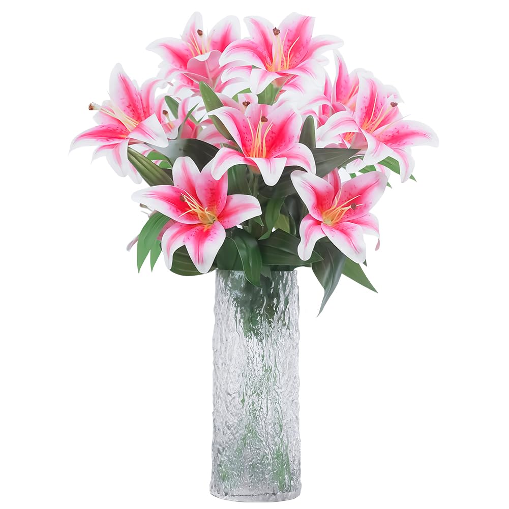 Olrla 60CM Long Artificial Lily Flower Pink 8 Blooming Heads 4 Buds, 3D Print Fake Tiger Lily for Wedding Home Office Decor Table Centerpieces (Without Vase)