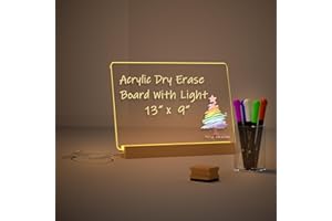 RR RAXMIN Acrylic Dry Erase Board with Light Up Stand for Desk 13 x 9 inch Clear Desktop Note Memo White Board Notepad Table LED Letter Massage Boards for Personal Creative Use Includes Dry Erase Markers