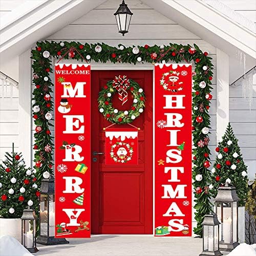 Merry Christmas Porch Sign Banners, Christmas Decorations Red Porch Sign for Door, Christmas Hanging Decorations Outdoor Indoor, Xmas Decor Banners for Home Wall Door Apartment Party