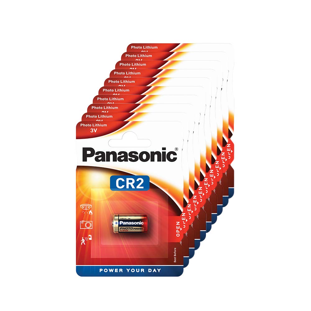 Panasonic CR2 cylindrical lithium battery for high power-consuming lightweight appliances such as smoke alarms, intruder alarm systems, head lamps, cameras, 3V, 10 packs (10 batteries)