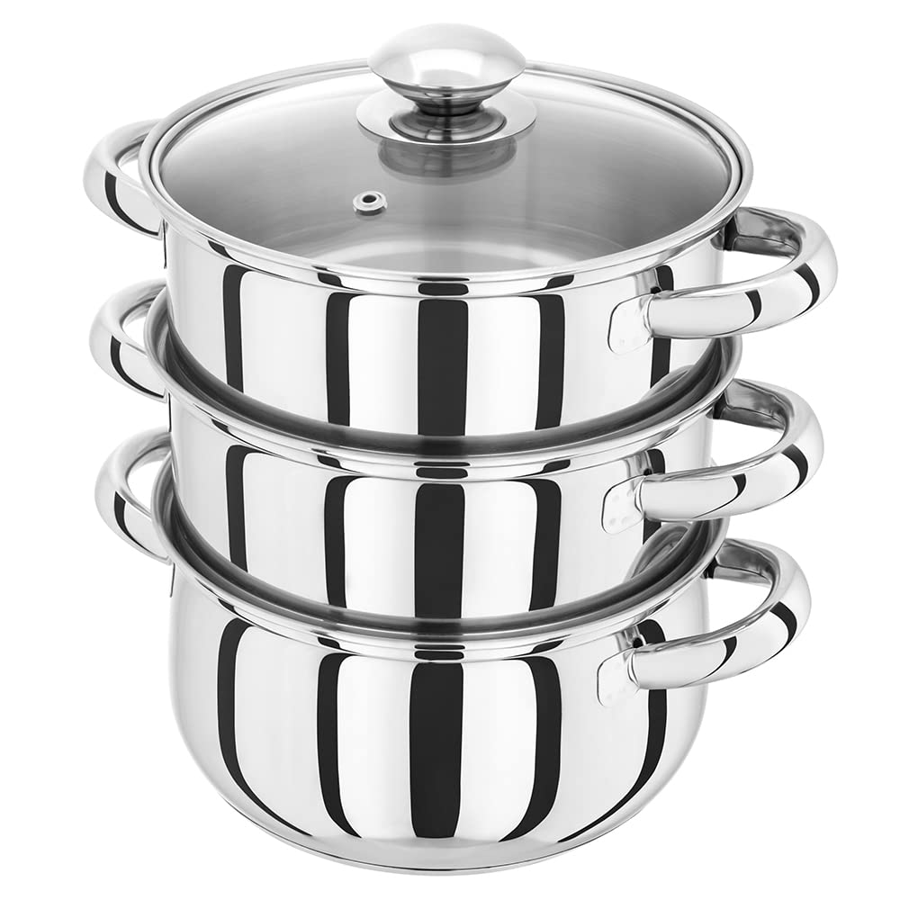 Judge Essentials Stainless Steel 3 Tier Steamer 18cm, Vented Glass Lid, Integral Casserole Pot, Oven Safe, Induction Ready