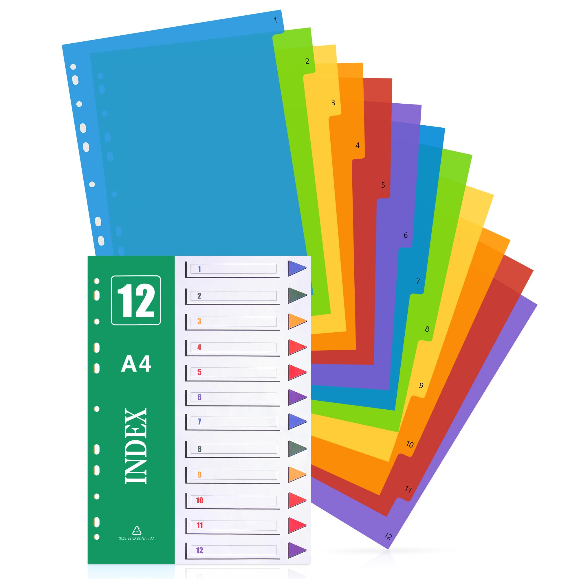 A4 File Dividers, 5 Pack 12 Part Subject Dividers Multi Hole Punched in Assorted Colour, Plastic Card Folder Ring Binder Dividers for Home School Office Use