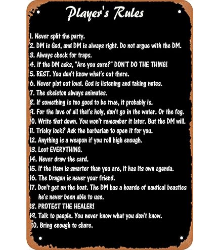 Targa in metallo retrò super resistente, D&D Knowledge Dungeons and Dragons Player's Rules Game Poster Wall Iron Decor Cafe Courtyard Garden Decor Farm House Sign Art Prints 20 x 30 cm