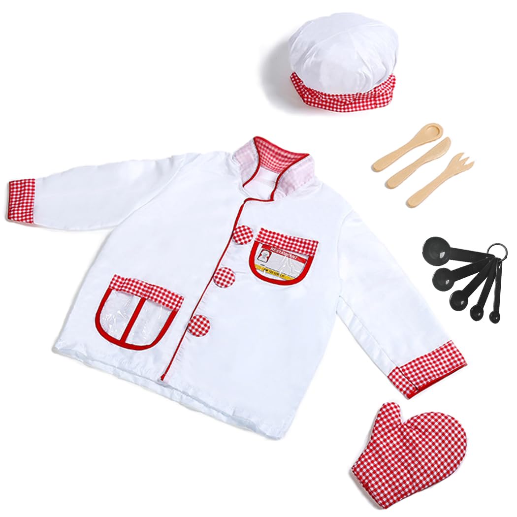 Naichuo Kids Chef Costume Dress Up Set, Pretend Role Play Chef Outfit with Realistic Accessories for Boys Girls Ages 3+(Ages 6-8)