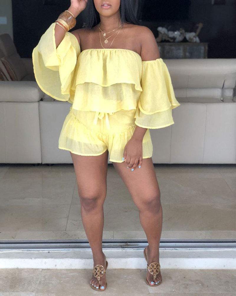 Womens 2 Piece Outfits - Cute Off Shoulder Ruffle Tops + Shorts Suit Sets Yellow