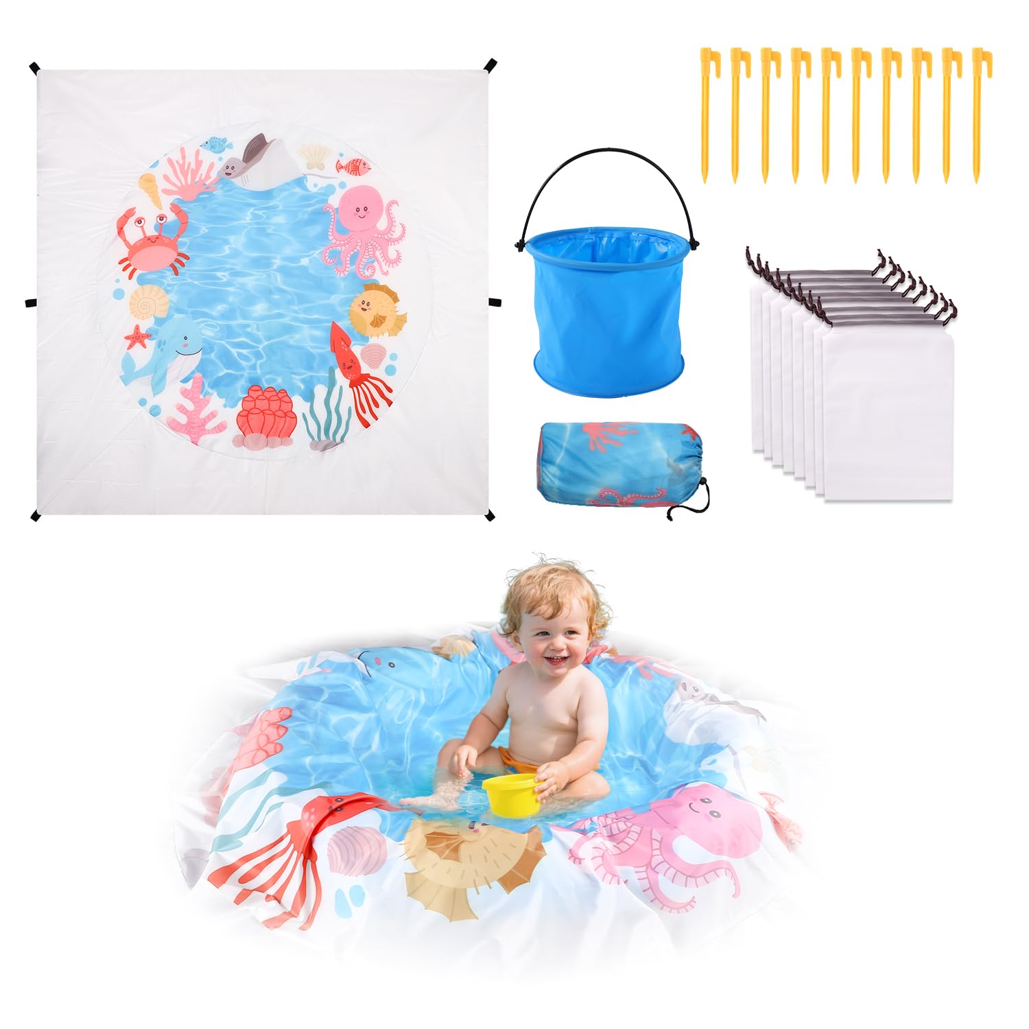 Baby Beach Pool, Polyester Portable Cartoon Ocean Themed Toddler Beach Puddle Paddling Pool with PVC Bucket Practical Accessories for Kiddies Infant Boys Girls