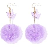 Butterfly Pom Pom Earring for Women Faux Fur Fluffy Tassel Drop Dangle Earrings For Winter Cute Christmas Jewelry Stocking Stuffers