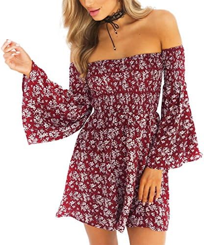 Womens Fashion Off Shoulder Summer Beach Printed Floral Party Flounce Long Sleeve Party Cute Bandeau Mini Dress Red X-Large