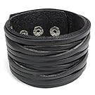 KONOV Wide Genuine Leather Mens Bangle Cuff Bracelet, Punk Rock, Fits 7.5" to 9", Black