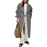 Farktop Womens Oversized Long Trench Coat Double Breasted Lapel Windproof Overcoat with Belt