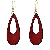 KVANU Bohemian Retro Black Brown Natural Wooden African Teardrop Dangle Drop Earrings Lightweight Handmade Long Big Vintage Wood Geometric Earrings for Women (Style-1-Red)