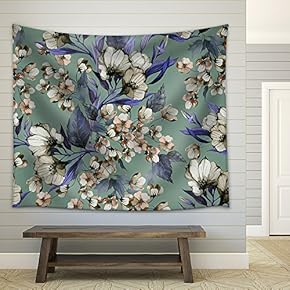 Seamless Floral Pattern with Eustoma on Light Background, Watercolor - Fabric Wall Tapestry Home Decor - 51x60 inches