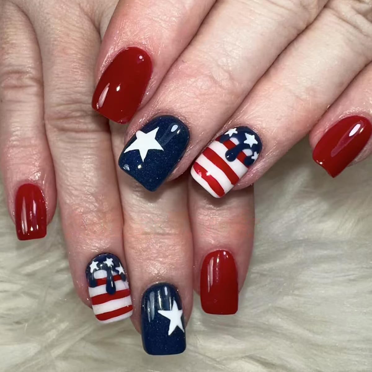 Photo 1 of 24 Pcs 4th of July Press on Nails Short Square LINMEIZAI Fake Nails Press ons Independence Day Nail Tip Glue on Nails Full Cover Acrylic Nail Art Kit False Nails with Red Blue Glossy Design for Women