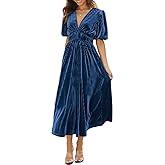 R.Vivimos Women's Fall Winter Velvet Dress Puff Sleeve Sexy Deep V Neck Elastic High Waist A-Line Elegant Casual Midi Dress