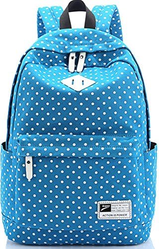 Casual Style Lightweight Canvas Cute Candy Colored Polka Dot Printed School Backpack Travel Laptop Bag (17.7"H*6.2"W*12.9"L, Lake blue)