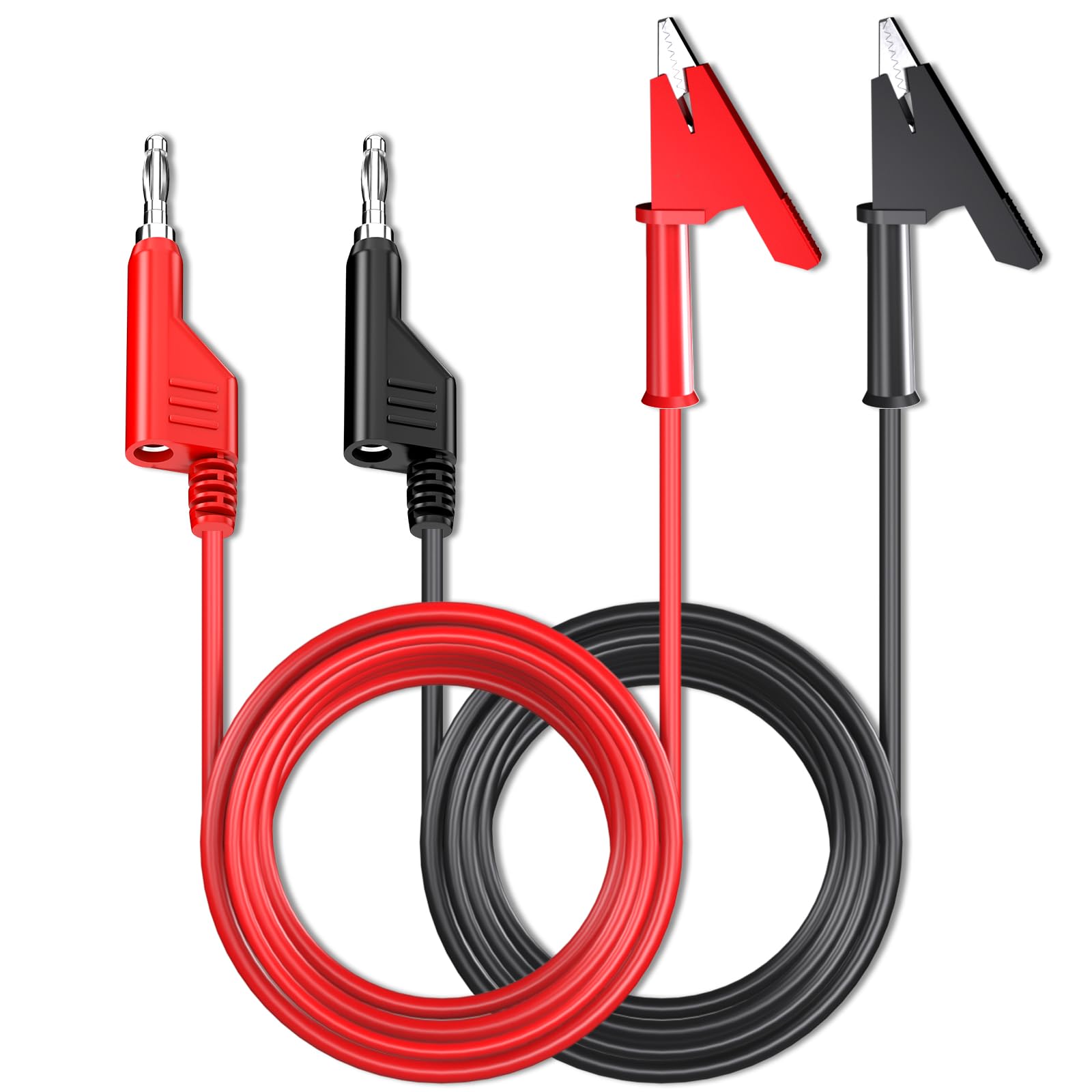 Cleqee 2-Pack 4mm Banana Plug to Crocodile Clip Test Leads, 10ft/3m Flexible Cable, Alligator Clips, Red & Black, Electrical Testing
