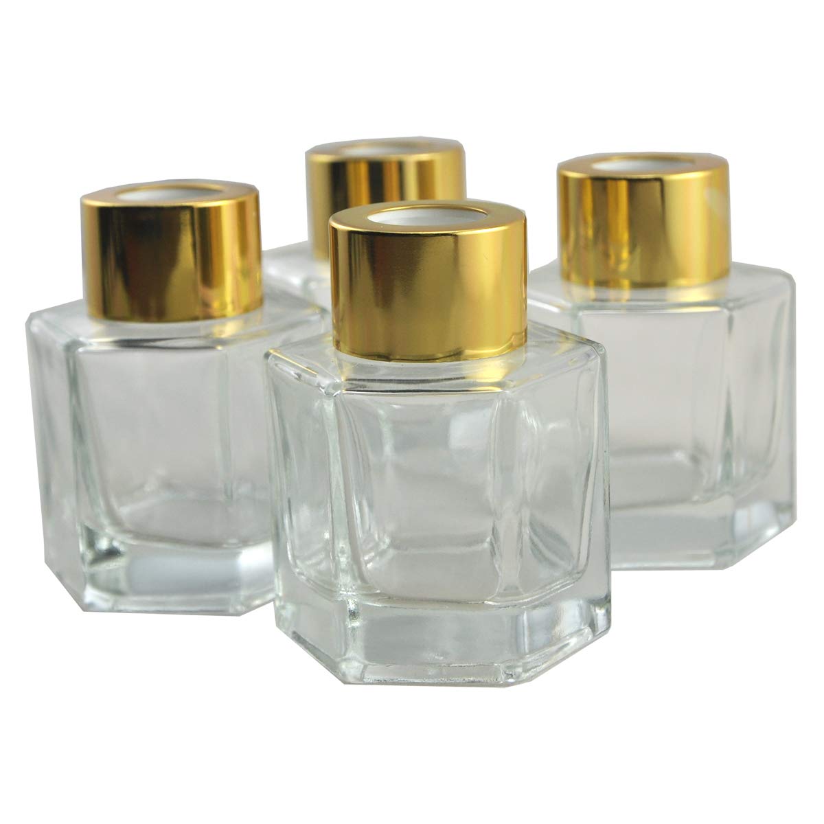 Ougual Set of 4 Hexagonal Column Glass Essential Oils Diffuser Bottles 60ml (Gold Cap)