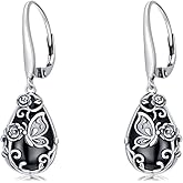 HPQQ Black Onyx Earrings 925 Sterling Silver Flower Insect Filigree Dangle Earrings Teardrop Onyx Jewelry Birthday Gifts for Women