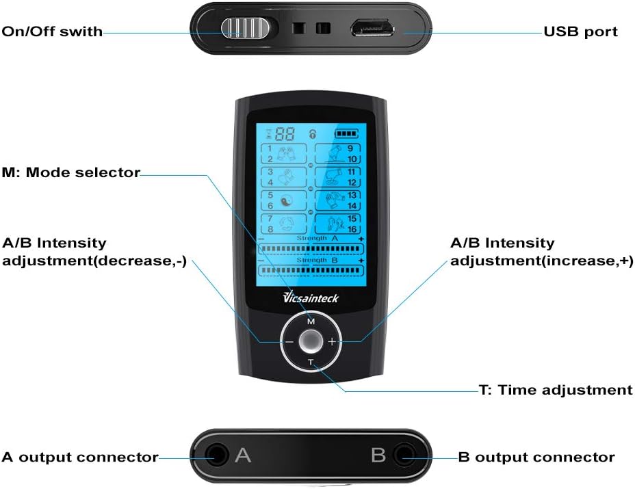 Tens and Powered Muscle Stimulator, 16 Modes Dual Channel TENS Unit TENS/PMS EMS Rechargable Electronic Pulse Massager Device for Pain Relief Therapy with 10 Pads: Health & Personal Care