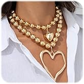 Chunky Heart Necklace for Women,Y2k Large Pearl Beads Heart Choker Chunky Gold Necklaces Exaggerated Big Hollow Love Pendant Necklace Dainty Statement Jewelry Gift