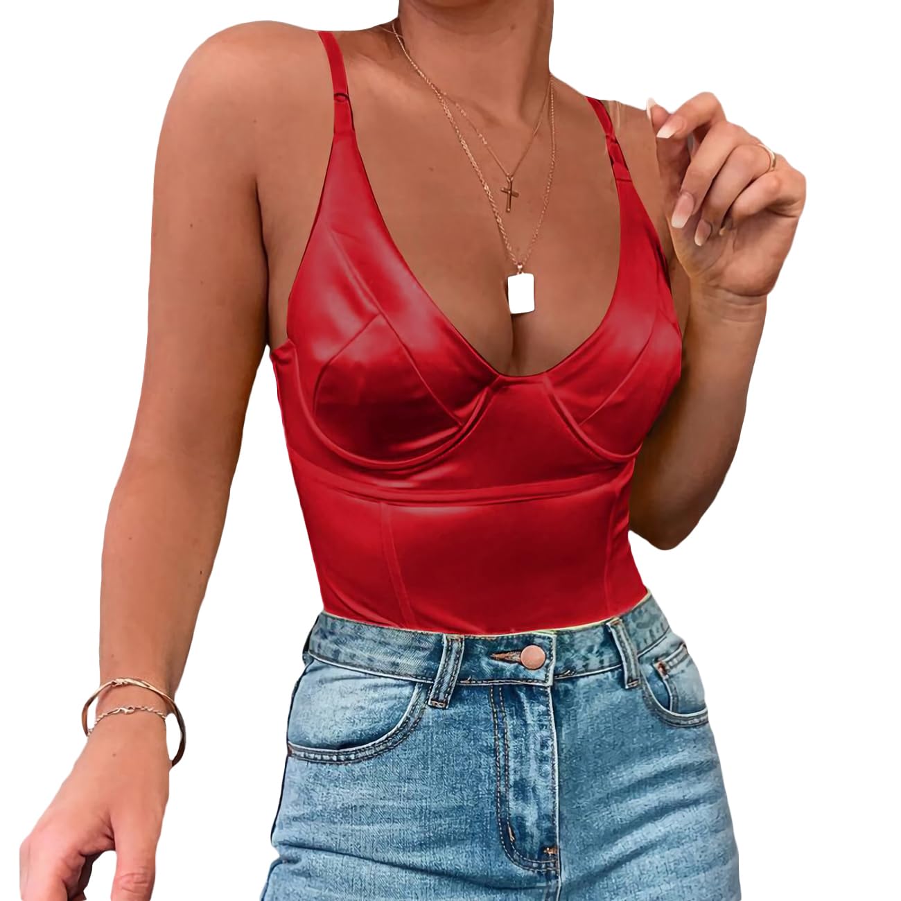 Photo 1 of Velius Women's Sexy Deep V Neck Shiny Thong Bodysuit Tank Tops with Underwire (Red,Large)