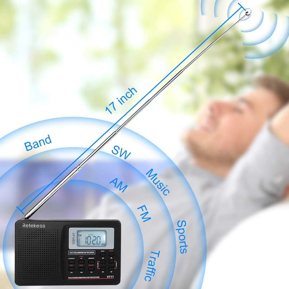 Retekess V111 Portable AM FM Shortwave Radio Alarm Clock Battery Operated AA Battery with Earphones Jack Sleep Timer for Travel(Black): Electronics