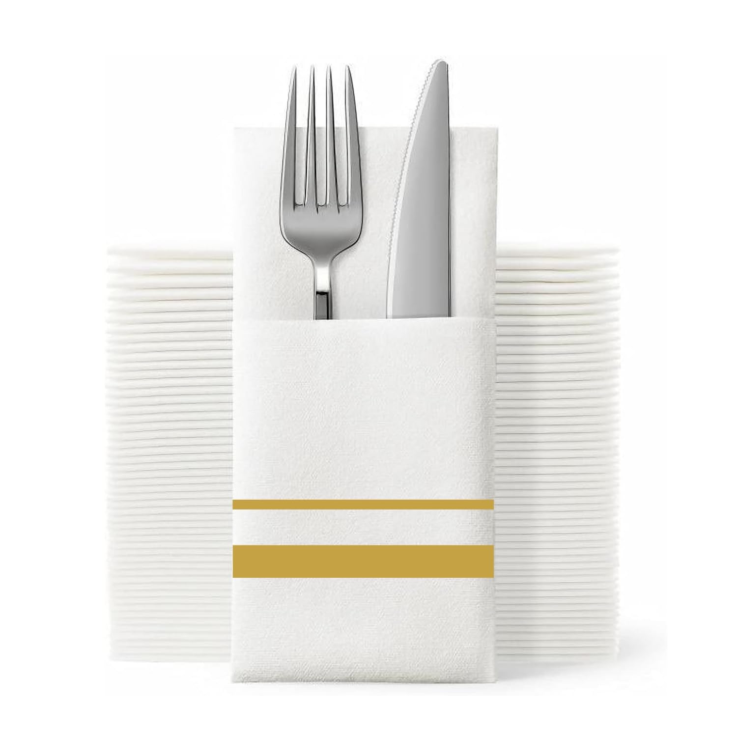 SUZZYVINE Disposable Golden Dinner Napkins with Built-in Flatware Pocket,Cloth Like Lunch Napkins For Wedding Party Linen Feel, 100 Count 16" x 16"