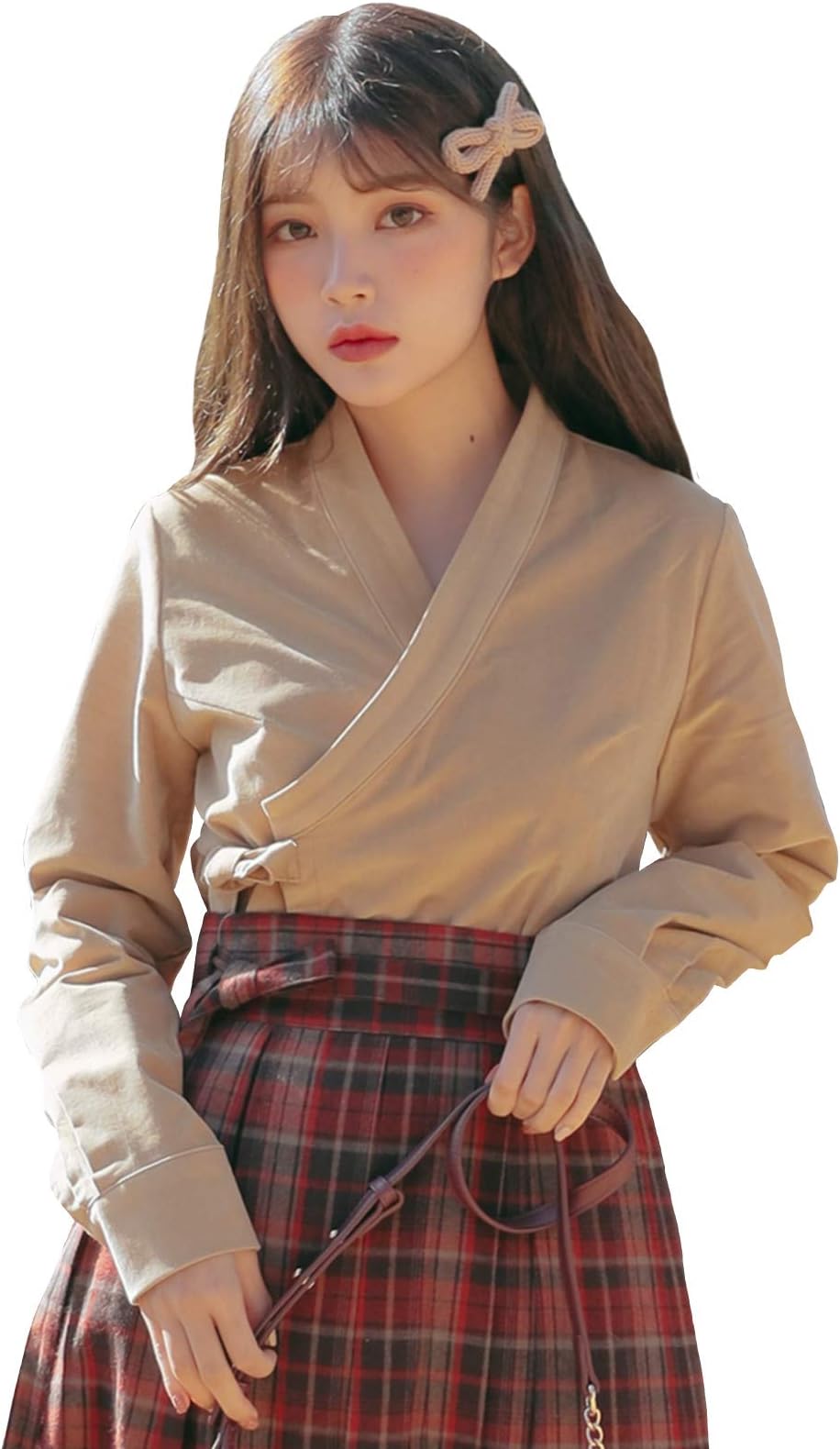 TETEROT SALON Women's Blouse Hanbok Korean Beige Corduroy Long Sleeve Vintage Retro Blouse Shirts
