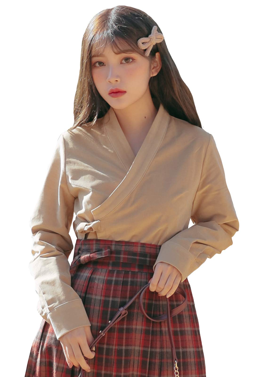 TETEROT SALON Women's Blouse Hanbok Korean Beige Corduroy Long Sleeve Vintage Retro Blouse Shirts