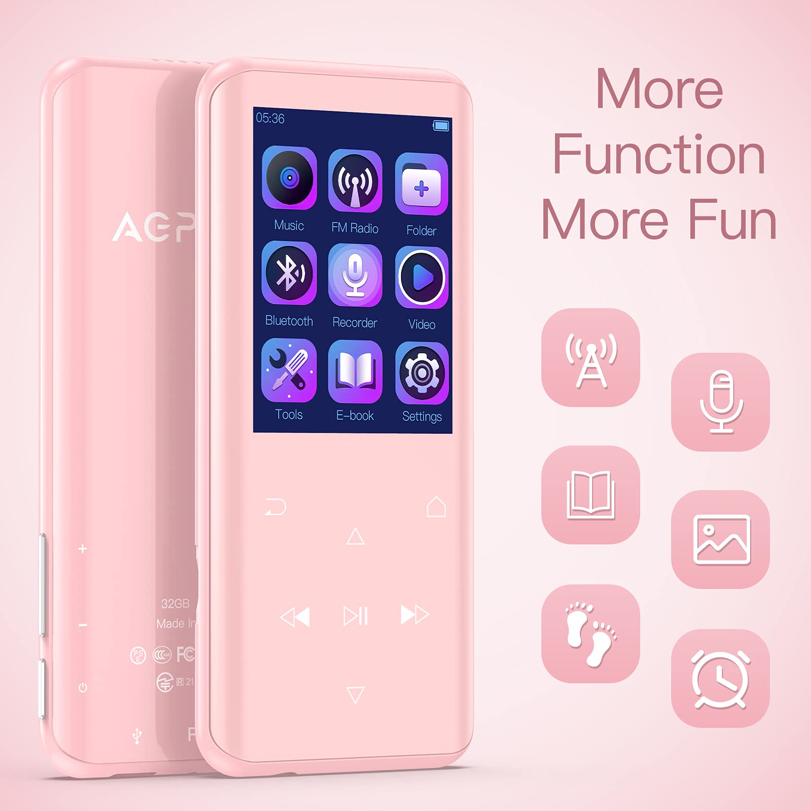 AGPTEK 128GB MP3 Player with Bluetooth, K3 2.4 inch Music Player with Speaker and FM Radio, One-Click Recording, Supports Up to 256GB(Pink)
