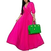 Sexyshine Women's Deep V Neck Long Sleeve Wrapped Maxi Dress High Waist Pleated Belted Party Cocktail Long Dress