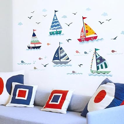 WandSticker4U- Wandsticker SEGELBOOTE | Wandbild: 175X70cm | Wandtattoo Ozean Meer See Boot Schiffe Fische Möwen Maritim Flie