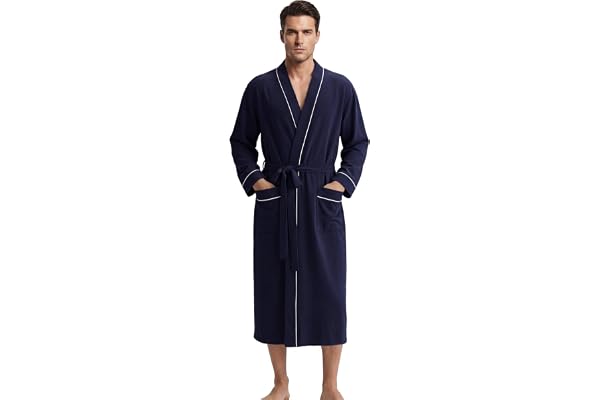 U2SKIIN Men's 100% Cotton Lightweight Robe, Soft Breathable Bathrobe with Pockets, Classic Kimono Spa Robe for Men