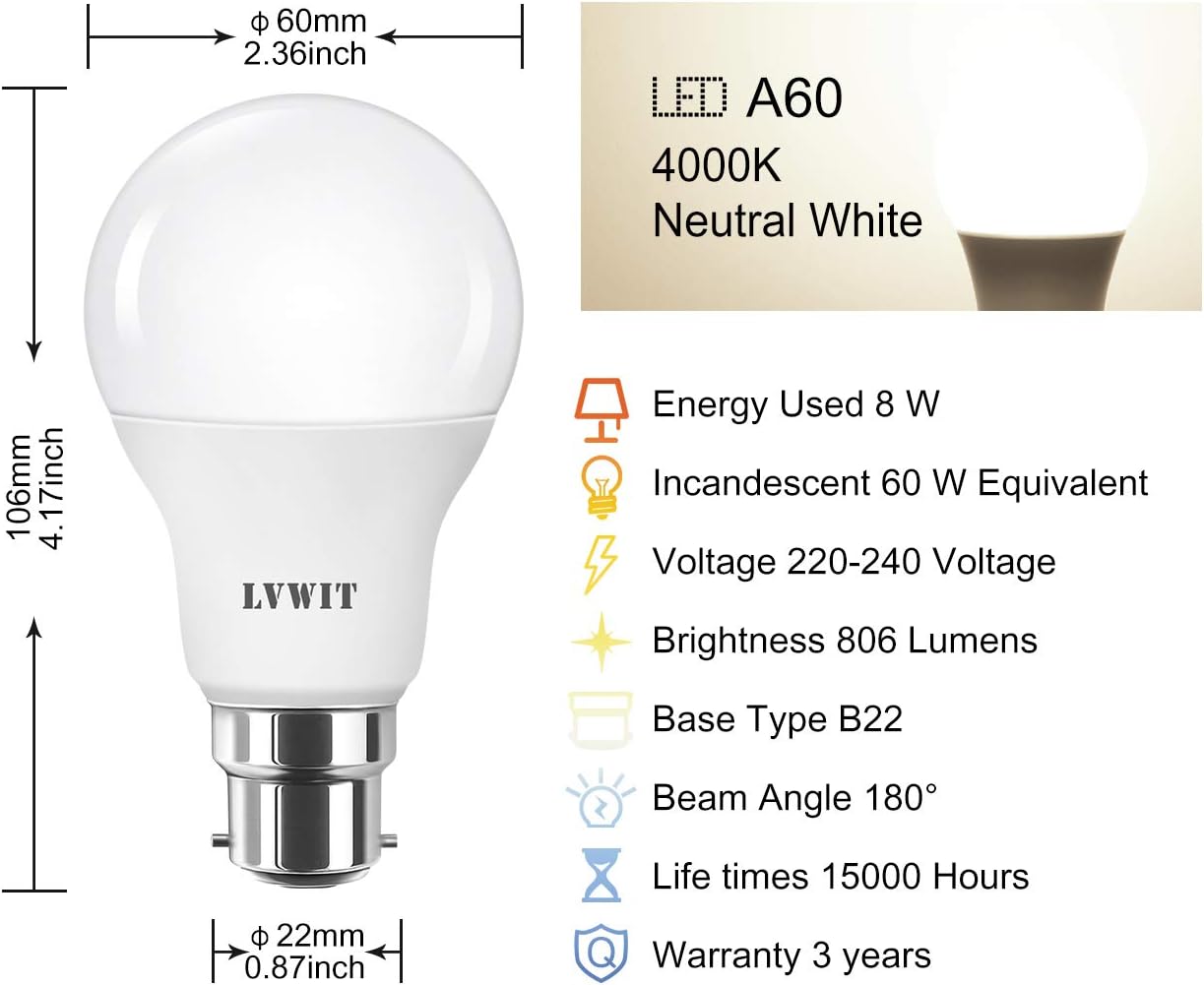LVWIT Bayonet Light Bulb, A60 Bayonet LED Light Bulb,60W Equivalent,8W 806Lm B22 LED Bulb - Image 4