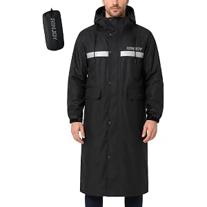 Men's Waterproof Long Raincoat with Hood, Reflective Strips Rain Jacket | Lightweight Rain Poncho, Knee-Length, Zipper and Sn