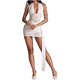 Floerns Women's Summer Floral Lace Halter Dress Sleeveless Ruched Date Night Bodycon Mini Dress