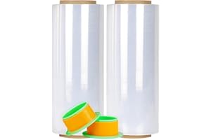 2 Pack Clear Stretch Film Industrial Strength 12'' x 1000 feet 80 Gauge with Plastic Handle, Clear Wrapping Shrink, Durable Self-Adhering Plastic Wrap for Moving, Shipping CHUANGSEED