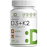 DEAL SUPPLEMENT Vitamin D3 5,000 IU + K2 MK7 Softgels, 250 Count | 2-in-1 Complex | Easy to Swallow