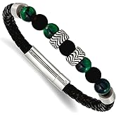 JewelryWeb 5.6mm Stainless Steel Oxidized and Polished Black Agate And Green Tigers Eye Beads Black Leather Bracelet 8.5 Inch Link Bracelet for Women