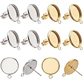 SUNNYCLUE 1 Box 40 Sets Blank Earring Studs Cabochon Stud Earrings 304 Stainless Steel Ear Post Findings with Loop and Ear Nuts Golden Blank Bezel Trays for Jewelry Making Accessories DIY Crafts Women