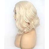 BLUPLE Platinum Blonde Lace Front Wig Short Bob Style White Blonde 60# Wavy Curly Synthetic Hair Side Part Half Hand Tied Replacement Full Wigs 12 Inches for Women Girls