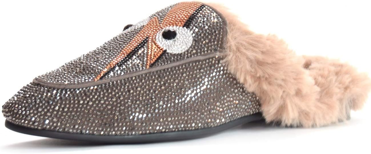 Lola Cruz Simone Lightning Bolt Fur Mule Loafer Grey