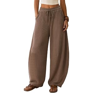 EXLURA Womens Baggy Barrel Pants Waffle Knit Wide Leg Drawstring Sweatpants High Waisted Comfy Lounge Trousers with Pockets
