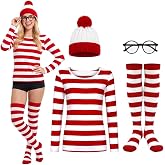 JEJQN Halloween Costumes for Women Adult Red and White Striped Shirt | 4 PCS Womens Adult Halloween Costume Set ,Striped Shirt, Matching Hat, Glasses and Long Stockings for Party, Easy Cosplay