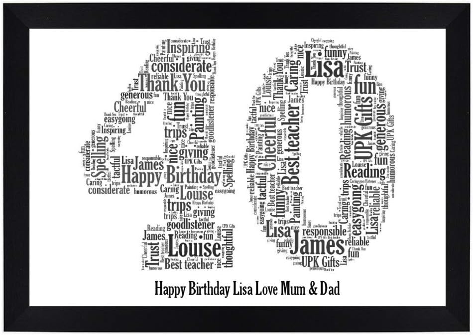 UPK Gifts 40th Birthday Personalised Word Art Gift Keepsake Age 40