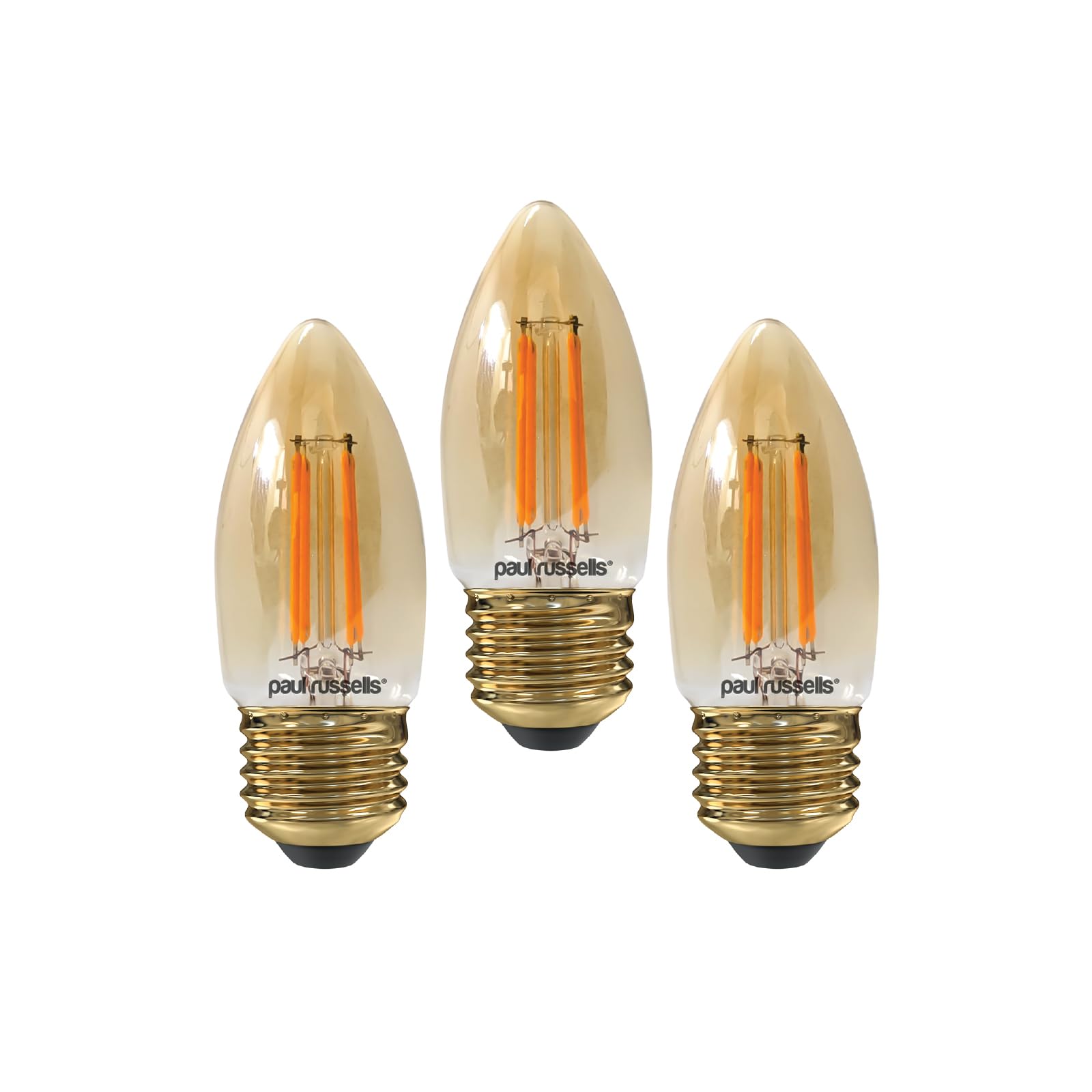 paul russells LED Candle Filament Light – 4.5W 35W Equivalent Replacement, 400LM Lumens, 2200K Extra Warm White, ES E27 Edison Screw C35 Bulbs – Energy Saving Non-Dimmable Lamps - Pack of 3